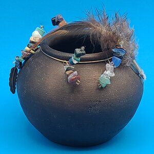 Vintage Signed Magic Wishing Vessel Bowl Clay Feather Stone Crystal Great Energy